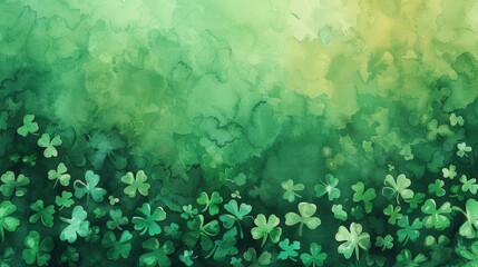 Obraz premium Watercolor, St. Patrick's Day themed background, random shamrock distribution with a focused area for text. Card with copy space. Banner.