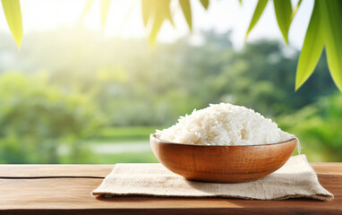 White rice, wooden bowl, rice plate, cooked rice, blurred background, place for text, top view, Space for text