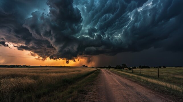 Electric Fury - Supercell Storm Over Prairie Road - Dramatic Weather Encounter - Generative AI