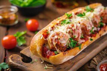 American Italian fast food cheesy meatball sub with marinara sauce - obrazy, fototapety, plakaty