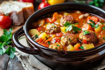 Closeup of hot meatball soup with vegetables in pot on table