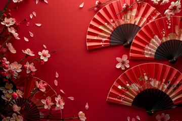 Chinese New Year 2024 depicted with red background paper fans and sakura