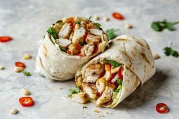 Chicken and vegetable filled burritos on a light background a Mexican dish