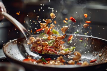 Caucasian chef cooks Kung Pao Chicken a Szechuan dish with diced chicken and spicy peppers