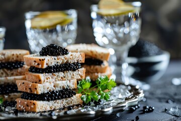 Close up of table with cold Russian vodka and sandwiches bearing black caviar