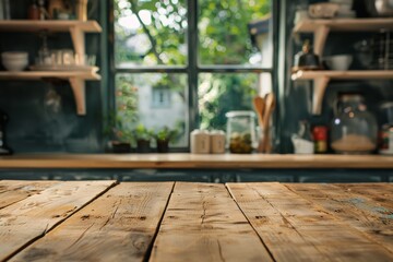 Blurred background with empty wooden table and window shelves