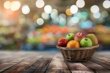 Blurry fruit display on empty wood table in grocery store background with bokeh light
