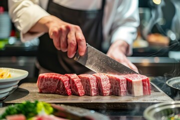Chef preparing Japanese Kobe beef A5 for barbecue by slicing raw wagyu beef - obrazy, fototapety, plakaty