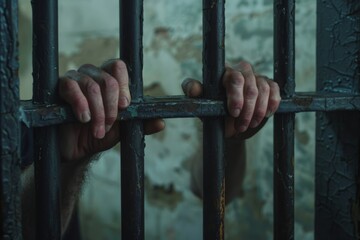 Caged hands of a Caucasian man - obrazy, fototapety, plakaty