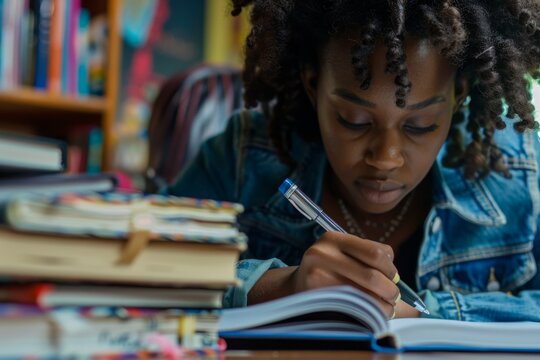 African American woman writing in notebook at home with books representing learning and education with technology
