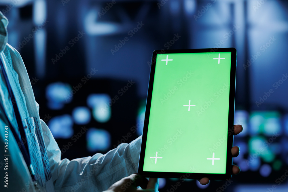 Poster dara center system administrator running code and programming on mockup tablet, troubleshooting and 