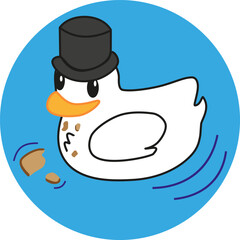 Pato elegante nadando comiendo pan