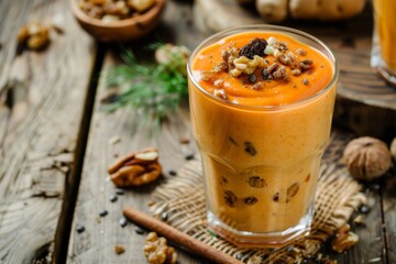 Close up horizontal background of carrot smoothie with nuts and raisin