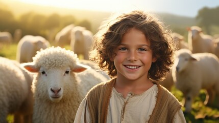 Capturing serenity: a tender portrayal of the little child Jesus Christ herding sheep, an endearing and symbolic scene embodying innocence, faith, and the pastoral charm of the biblical narrative - obrazy, fototapety, plakaty