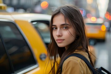 Brunette woman waiting by taxi on street
