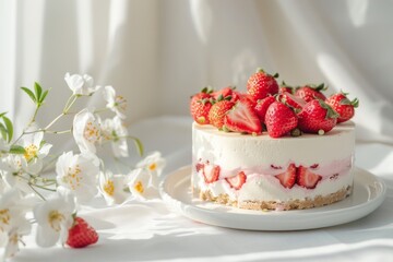 Cake with yogurt strawberries and white flowers on a light background