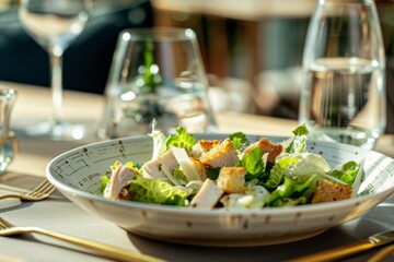 Caesar salad with lettuce croutons cheese chicken and special dressing served on a white plate with...