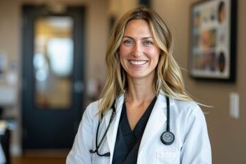 Closeup portrait of a happy female healthcare professional in a lab coat isolated indoors in a clinic office