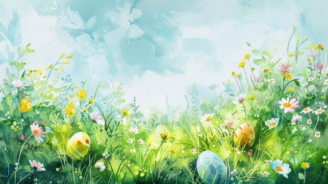 Fototapeta Artistic watercolor, Easter egg hunt scene with hidden eggs among grass and flowers, wide-open space in the sky for copy space, dynamic composition. Card, frame. Banner.