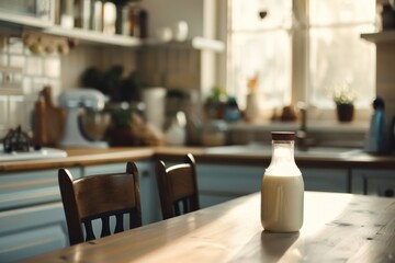 Baby s milk bottle on kitchen table - obrazy, fototapety, plakaty