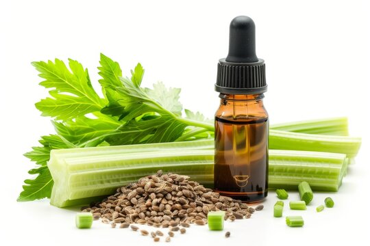 Amber bottle contains essential oil made from celery seeds along with celery stick seeds and leaf