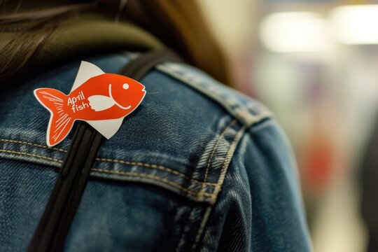 A woman wearing a blue jacket with a fish sticker on it