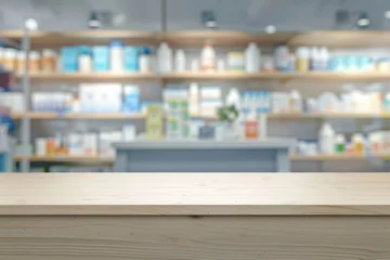 Gordijnen Blurry pharmacy shelves with drugstore background for product display © The Big L