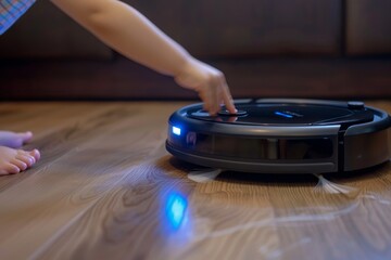Child switches on smart robot vacuum cleaner utilizing wireless technology to clean floor and carpet with a modern smart device