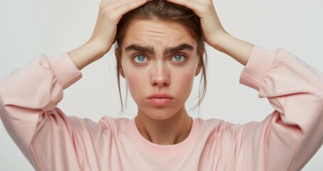 Anxious young woman with wrinkles on face looking at camera isolated in studio upset and touching temples portrait