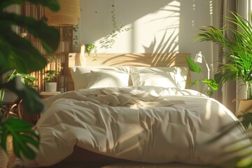 4k modern bedroom with light interior and houseplants