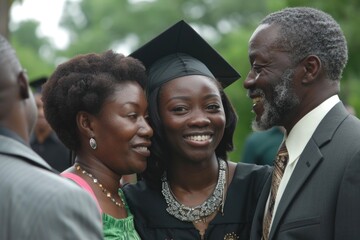 A woman and a man are hugging a young woman who is wearing a graduation gown
