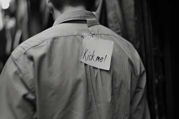 Fototapeta premium A man is wearing a shirt with a note that says 