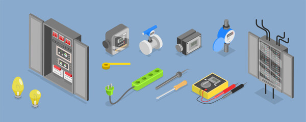 3D Isometric Flat Vector Set of Tools Of Electrician, Professional Equipment