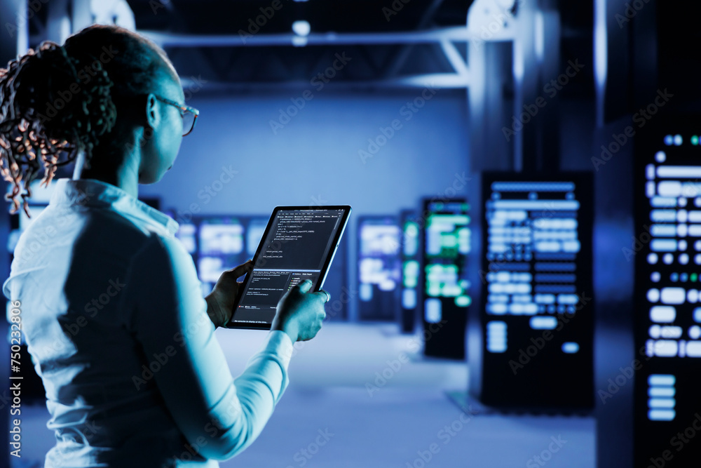 Poster experienced admin builds firewall protection in server room housing advanced infrastructure. high te