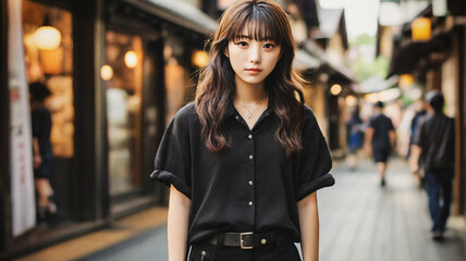 A Japanese girl wearing black modern shorts western