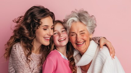 Joyful grandkid girl and adult daughter woman hugging happy excited grandma, celebrating birthday, mothers day, smiling, laughing, having fun, enjoying family meeting, warm relationships - Powered by Adobe