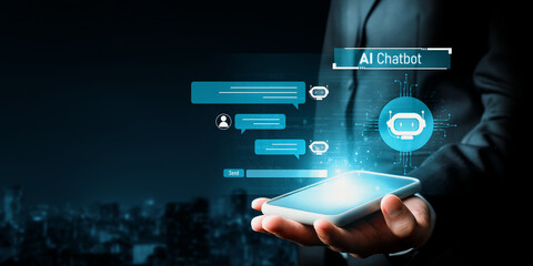 Human interact with AI artificial intelligence virtual assistant chatbot in concept of AI...