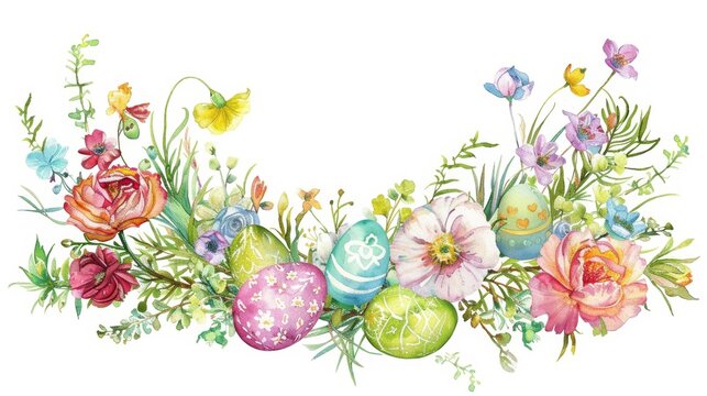 Watercolor illustration, Easter theme with a wreath of spring flowers and eggs, central blank space for text, vibrant and fresh colors. Card, frame. Banner.