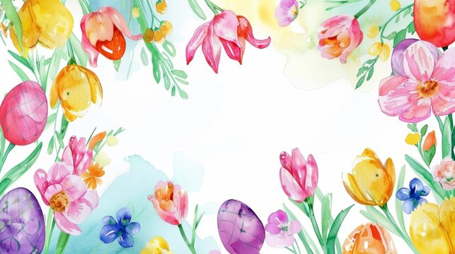 Watercolor illustration, Easter theme with a wreath of spring flowers and eggs, central blank space for text, vibrant and fresh colors. Card, frame. Banner.