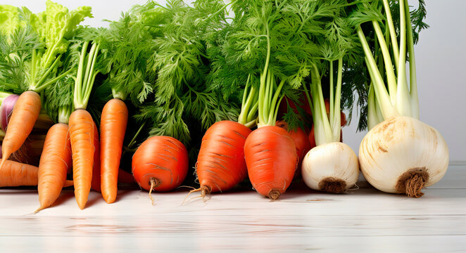Banner vegetables on white wooden background carrot, dill, parsley, radish vegetarian diet fitness healthi meal calad ingredients smoothie coocing