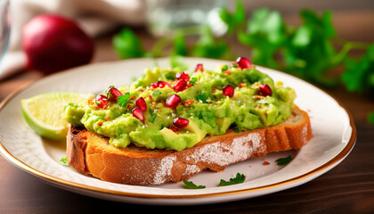 avocado toast healhty food breakfast vegetarian with pomegranate on a wooden desk menu suicime restaurant