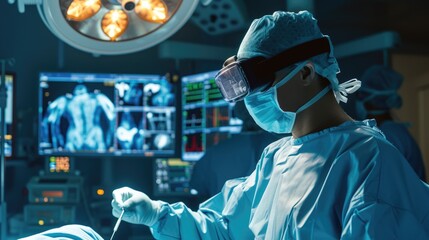A surgeon, immersed in virtual reality, performs surgery on a patient in an electric blue-lit operating room, blending science, engineering, and the art of fiction. AIG41