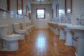 Hygiene practices in public restrooms and washrooms. Cleanliness in a public toilet. Copy space