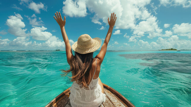 A happy woman is waving hand, relaxing on boat at clear blue sea beach on her summer holiday.