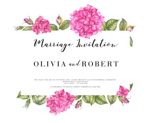 Pink floral wedding invitation. Watercolor hydrangea - 750233449