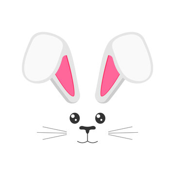 Cute bunny muzzle with bended ears, eyes, nose, mouth and whisker. Decoration element for Easter party, photo shoot, greeting or invitation card, celebration banner. Vector flat illustration.