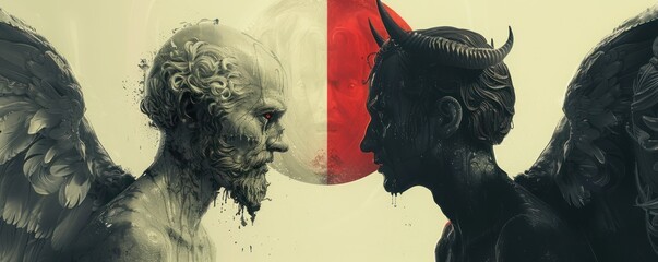 In a paradoxical twist a devil and angel exchange a mysterious minimalist look their forbidden understanding defying logic