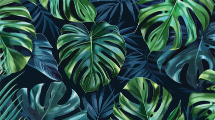 Tropical leaves green seamless dark blue background
