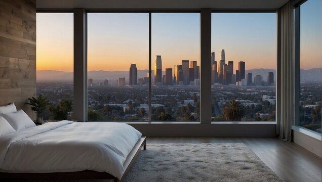Hotel bedroom in the city of Los Angeles, large windows with curtains, view of the entire city during the day