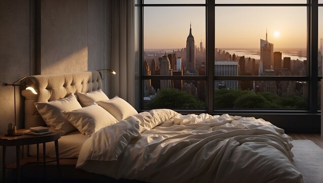 room in a New York hotel with large windows overlooking the city at sunset